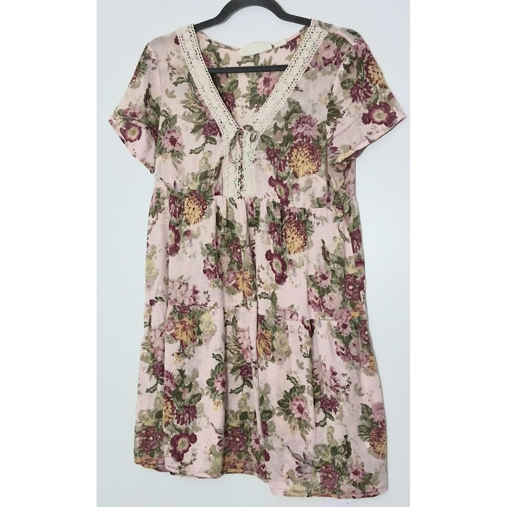 H&M L.O.G.G. Dress Sz 12 Light Pink Floral Tiered V-Neck Boho Tie Up Front Y2K